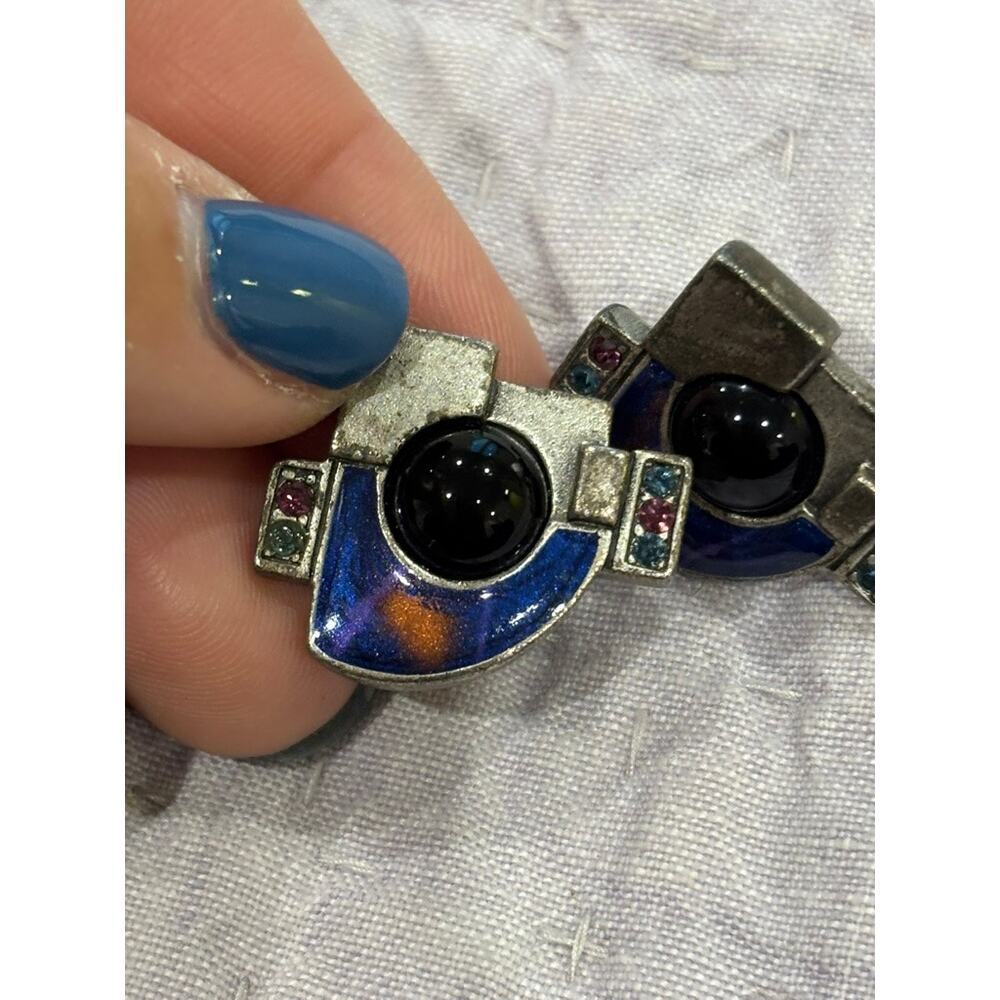 Vintage Modernist Enamel Earrings Geometric Art Deco Style Black Cabochon Center